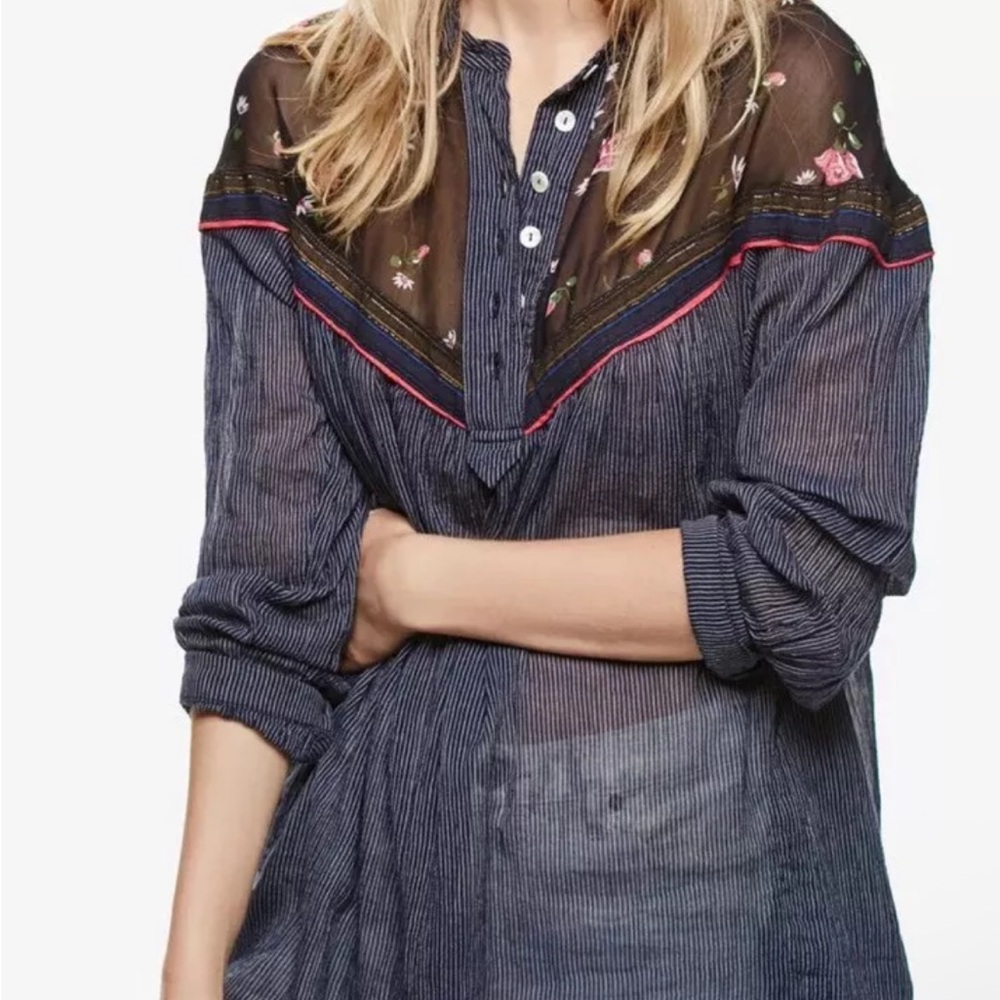 Free People Hearts And Colors Tunic Blouse Stripe Floral - Size S